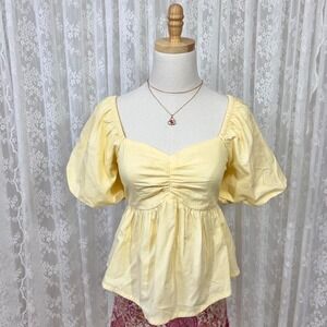 Japna Pastel Yellow Peasant Top‎ Blouse Women's Medium Flowy Top Preppy